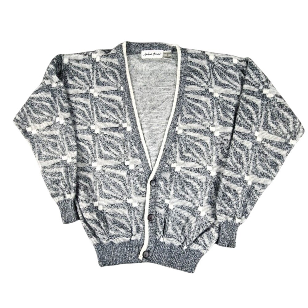 Vintage Michael Gerald Sweater Small Gray Geometric Knit Cardigan USA Grandpa